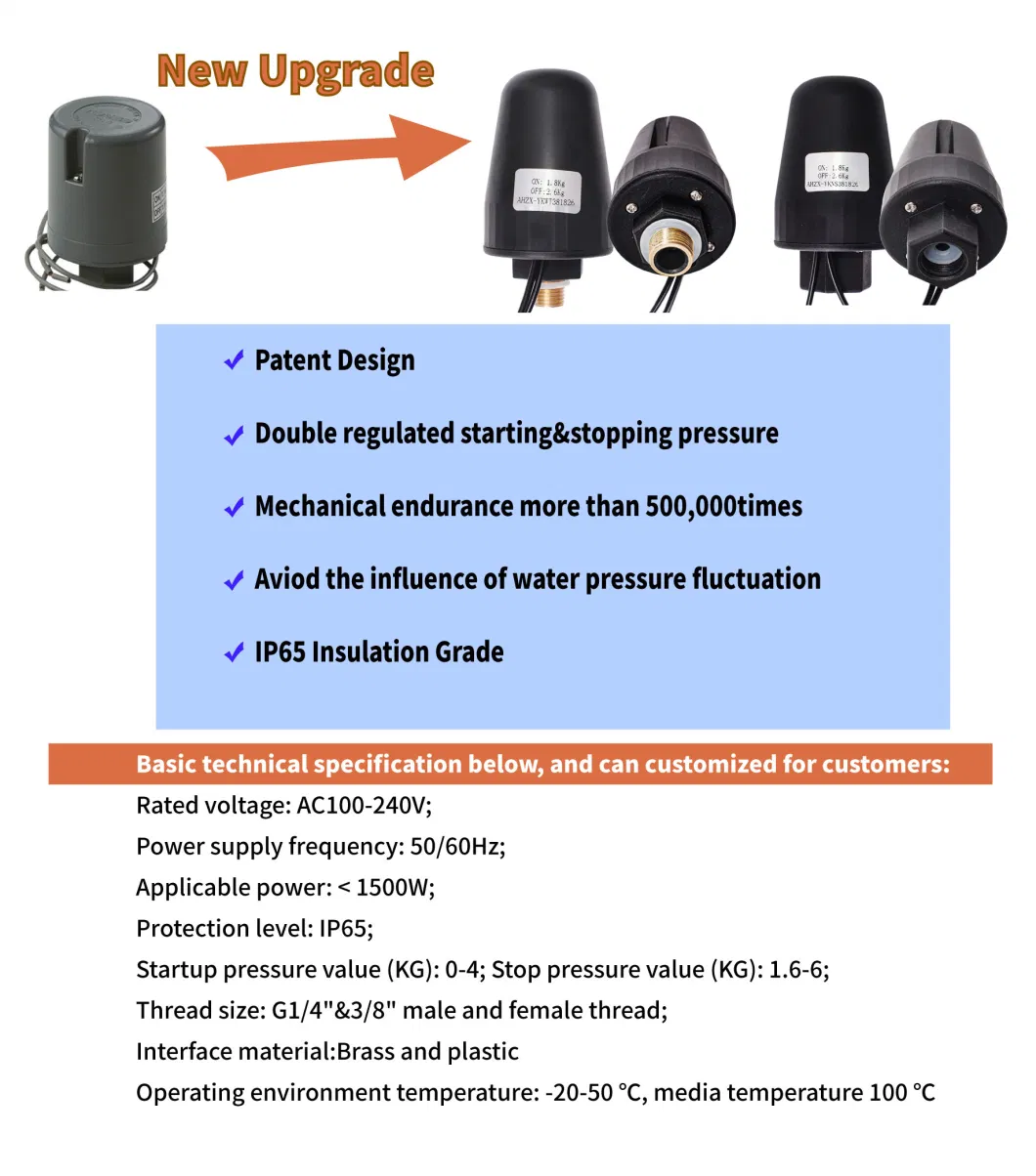 Plastic Male Thread G3/8" 550 750W/220V Booster Water Pump Pressure Controller (2.2-3.0Bar)